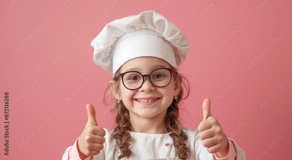 A cute little girl wearing glasses and white chef's hat, giving thumbs up with pink background A cute little girl wearing glasses and white chef's hat, giving thumbs up with pink background