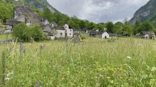 Panoramic view of traditional stone village Sabbione in Val Bavona, Vallemaggia, Switzerland. High quality 4k footage photo