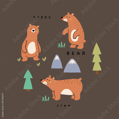 print design for kids fashion with bear cartoon drawing as vector