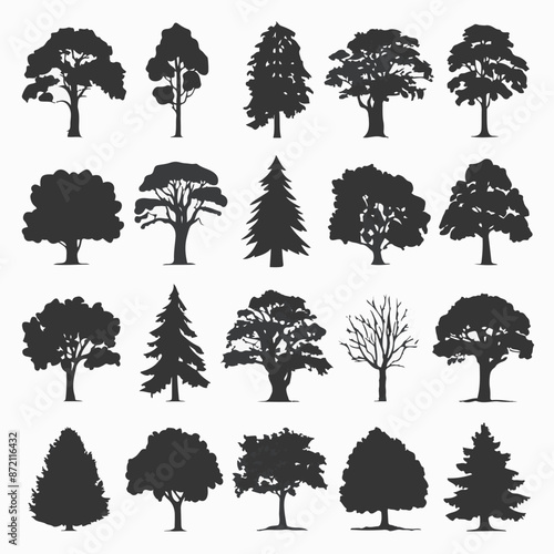 A collection of 20 distinct trees, each with its unique silhouette. These trees range from deciduous varieties with broad canopies to coniferous ones with needle-like leaves. 