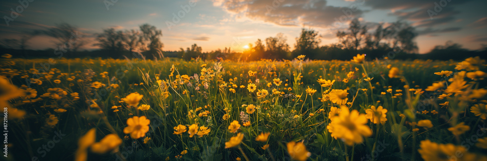 Panorama of a summer flowering meadow. Late summer flowers, spicy August. Endless sky with light clouds. The sun rises from behind the picturesque hills. Peace, bliss, calmness and hope for the best. Panorama of a summer flowering meadow. Late summer flowers, spicy August. Endless sky with light clouds. The sun rises from behind the picturesque hills. Peace, bliss, calmness and hope for the best.