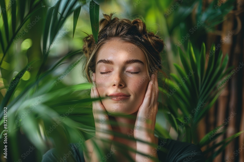 Woman with closed eyes enjoying nature, surrounded by lush green foliage and natural light.