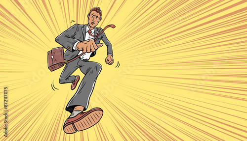 Young businessman in a hurry. Runs at high speed. Stress and being late for work. Humorous picture. Cartoon vector illustration. Pop art drawn outline style