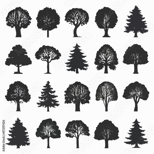 A collection of 20 distinct trees, each with its unique silhouette. These trees range from deciduous varieties with broad canopies to coniferous ones with needle-like leaves. 