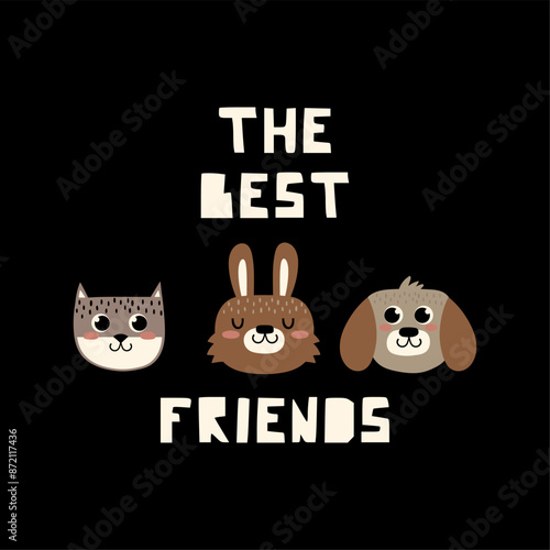 textile print design for kids fashion with cute bunny, cat and dog head drawing as vector