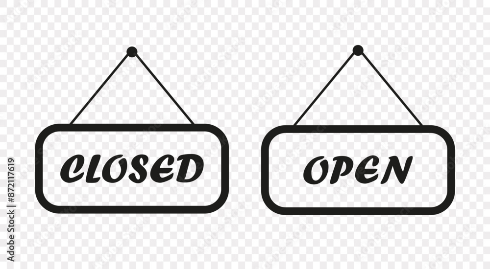 Obraz premium Open and closed sign on a rope on the door, glass, window. Sign to the door, shop, bar. Transparent background. Vector