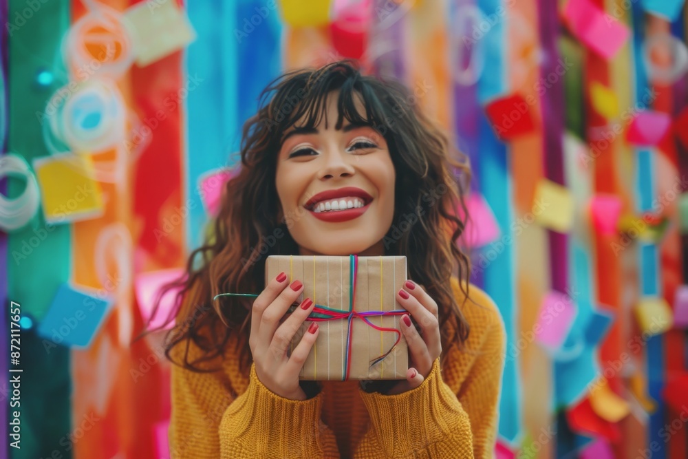 A young woman with a bright smile holding a beautifully wrapped gift box surrounded by vibrant colors and the text 'BLACK FRIDAY' in bold letters. A young woman with a bright smile holding a beautifully wrapped gift box surrounded by vibrant colors and the text 'BLACK FRIDAY' in bold letters.