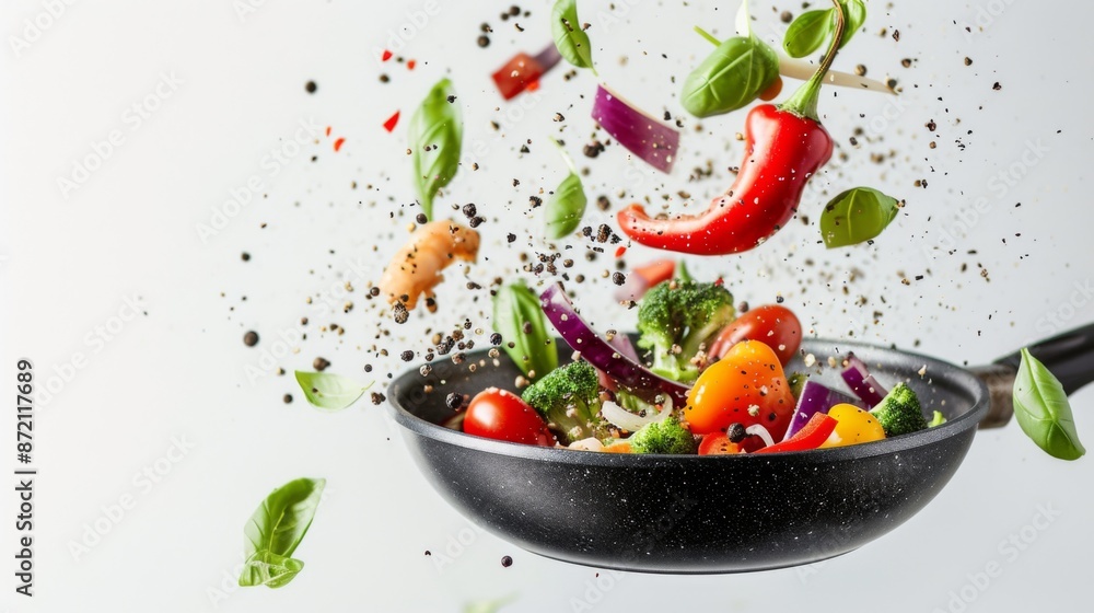 Frying pan with different vegetables on a white background Frying pan with different vegetables on a white background