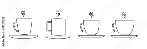 Hot coffee Mug icon set. hot tea vector symbol. cafe espresso morning drink sign in black filled and outlined style