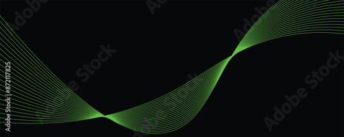 Vector abstract light lines wavy flowing dynamic in green colors isolated on black background.	
