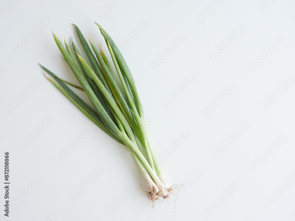 Fototapeta premium Fresh spring onions on white table. Top view.