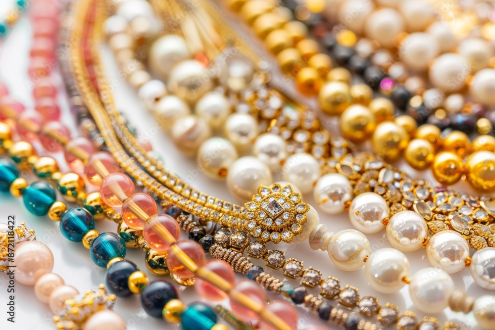 Intricately designed beaded jewelry in vibrant colors, perfect for Diwali festivities in India. The close-up shot showcases the delicate craftsmanship and beauty of the piece. Intricately designed beaded jewelry in vibrant colors, perfect for Diwali festivities in India. The close-up shot showcases the delicate craftsmanship and beauty of the piece.