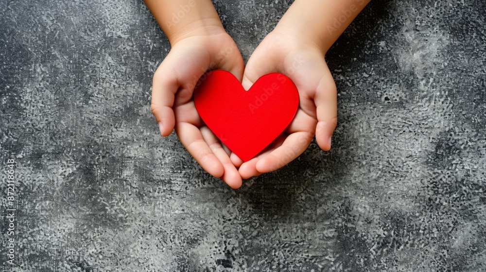 Child hands holding red paper heart on neutral background