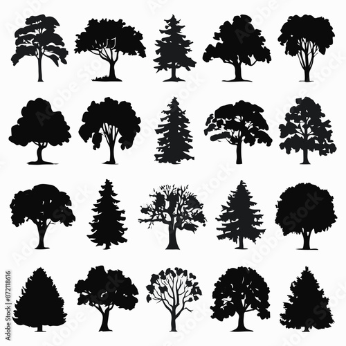 A collection of 20 distinct trees, each with its unique silhouette. These trees range from deciduous varieties with broad canopies to coniferous ones with needle-like leaves. 