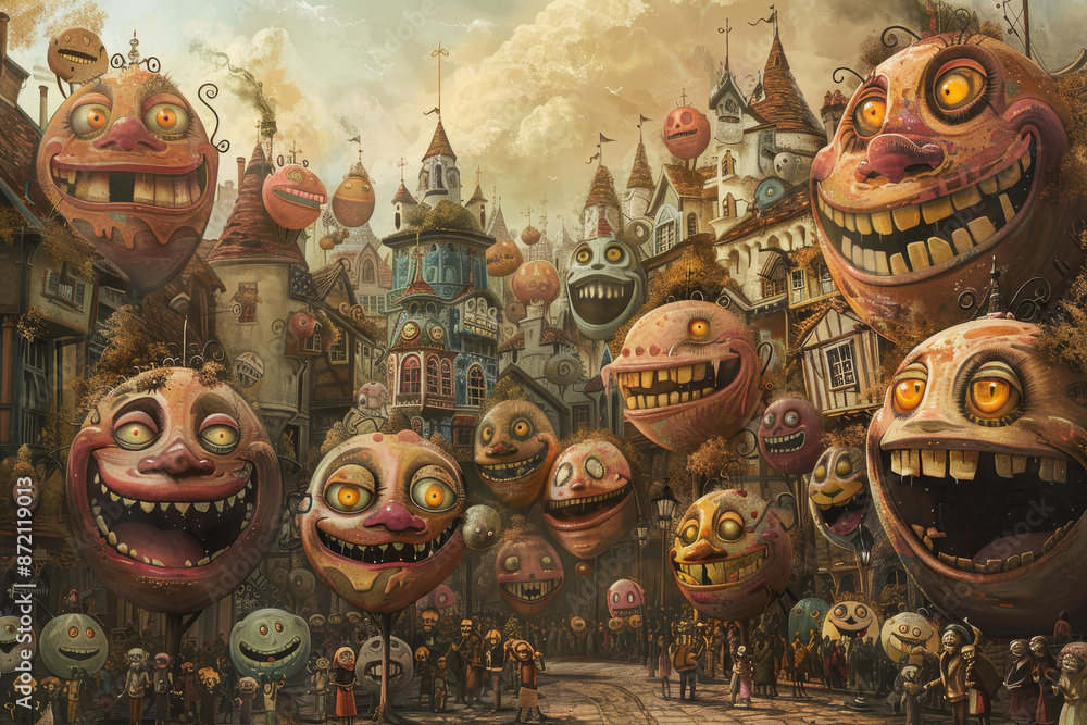 Fototapeta premium A painting of a town full of people with big, toothy grins