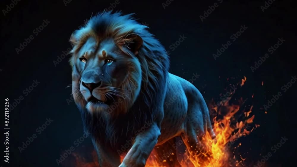 Blue fire lion animation effect. fire lion background for logo intro animation. wild beast lion king animal in attack motion, 4K Ultra HD resolution High-Quality animation video