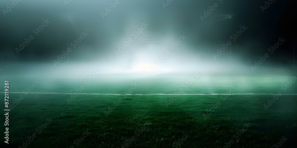 A dark toxic fog hovers over a green soccer field at night. Concept Night Photography, Environmental Issues, Sports, Atmosphere, Gloominess A dark toxic fog hovers over a green soccer field at night. Concept Night Photography, Environmental Issues, Sports, Atmosphere, Gloominess