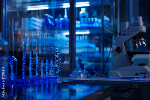 A lab with a blue light and a microscope