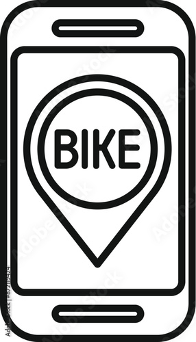 Simple line icon of a smartphone showing the location of a nearby bike sharing point