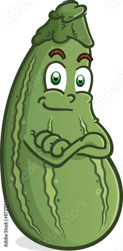 Zucchini squash cartoon character with attitude and crossed arms giving a cool look and ready for some cooking, vector clip art illustration