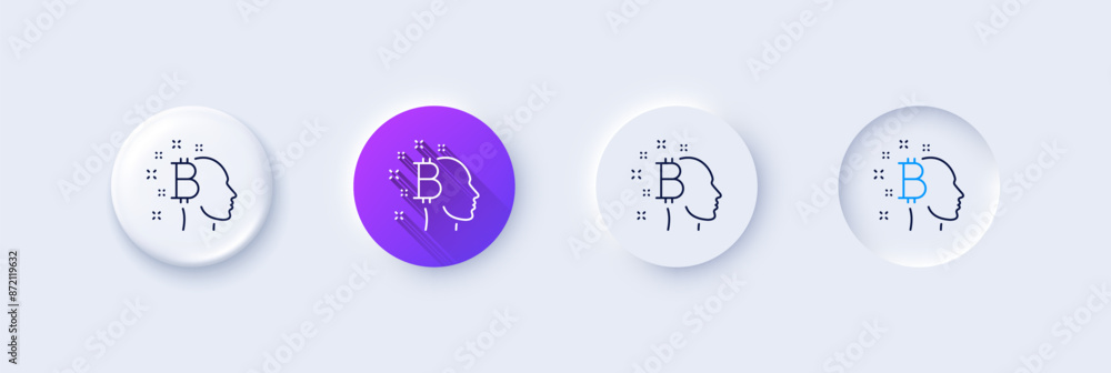 Bitcoin think line icon. Neumorphic, Purple gradient, 3d pin buttons. Cryptocurrency head sign. Crypto money symbol. Line icons. Neumorphic buttons with outline signs. Vector Bitcoin think line icon. Neumorphic, Purple gradient, 3d pin buttons. Cryptocurrency head sign. Crypto money symbol. Line icons. Neumorphic buttons with outline signs. Vector