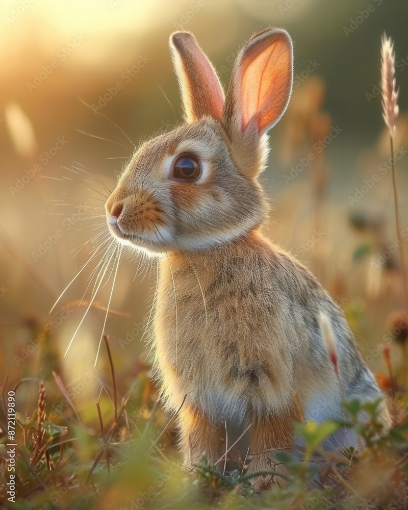 Fototapeta premium Realistic bunny rabbit in a meadow, cute animals, serene nature,