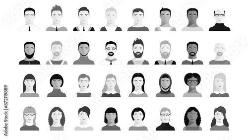 Set of persons, avatars, people heads of different ethnicity and age in flat style. Multi nationality social networks people faces collection. Grayscale