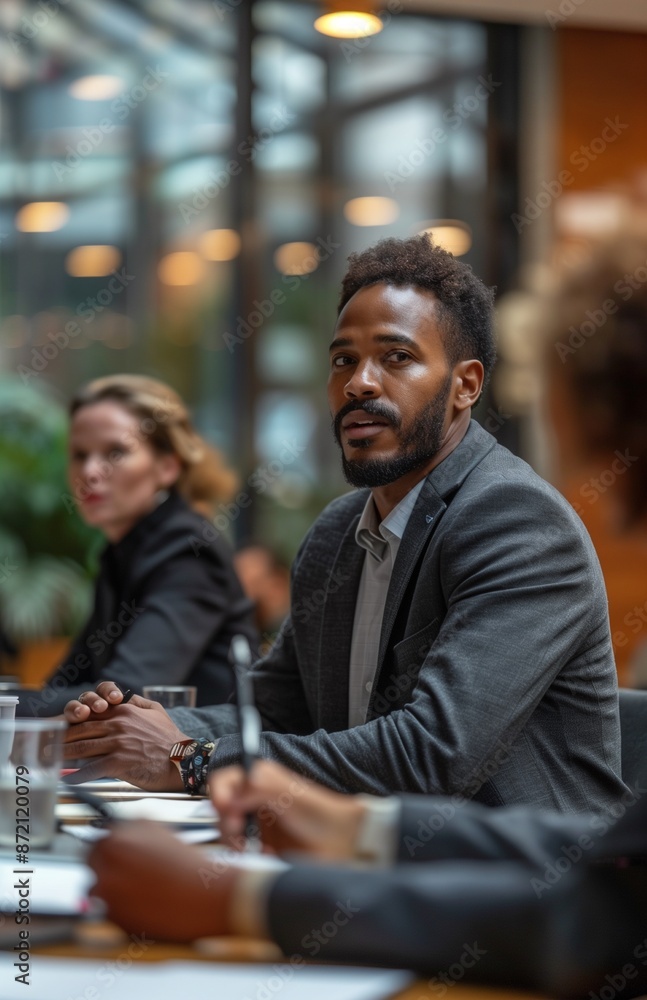 Business meeting with presenter standing at table, attendees listening and taking notes in an office Business meeting with presenter standing at table, attendees listening and taking notes in an office