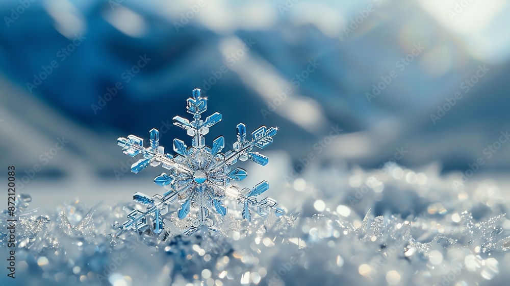 A macro shot of a unique snowflake crystal with a majestic mountain landscape in the background, symbolizing winters beauty