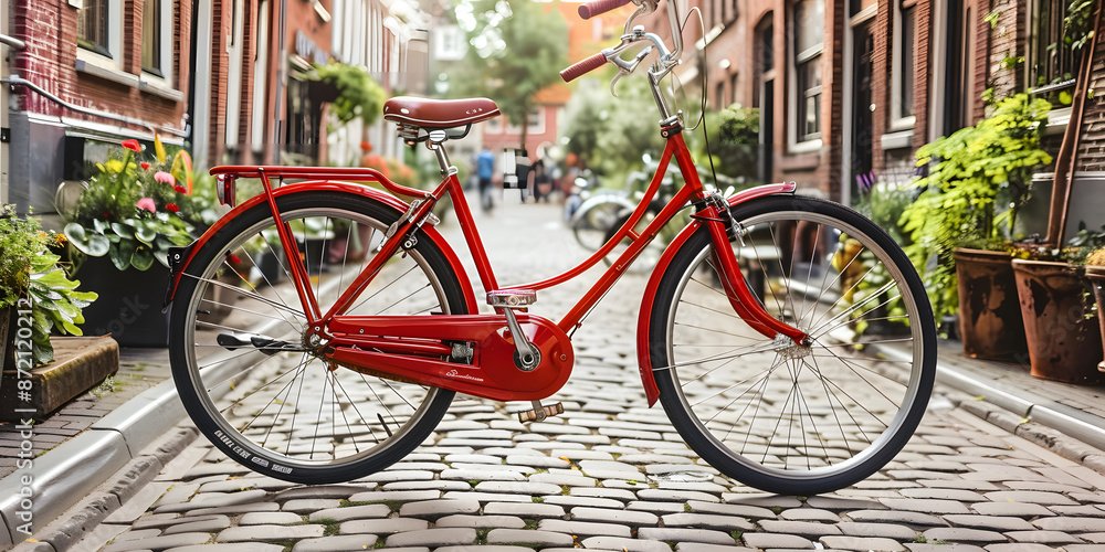 Fototapeta premium Bicicleta vermelha vintage em uma rua de paralelepípedos