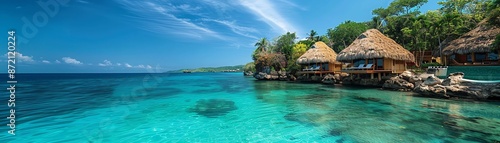 A serene tropical beach resort with thatched huts and crystalclear blue waters, ideal for a peaceful vacation © Creative_Bringer