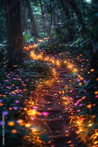 An enchanting forest pathway lined with luminous, mystical flowers and glowing lights, creating a magical atmosphere photo