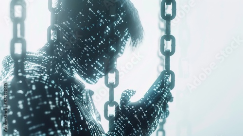 a person with chains made of digital code linking them to a smartphone