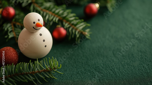 A cheerful snowman with red ornaments and evergreen branches on a green background. photo