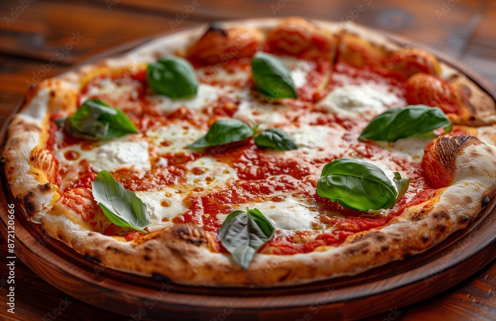 Tasty pizza with fresh mozzarella, rich tomato sauce, and fragrant basil on a rustic wooden table Tasty pizza with fresh mozzarella, rich tomato sauce, and fragrant basil on a rustic wooden table
