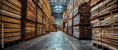 Rows of stacked lumber in a warehouse, industrial and organized photo