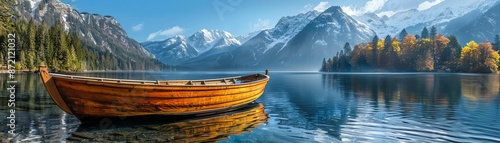 Wooden rowboat on clear alpine lake, snowcapped mountains in the distance photo