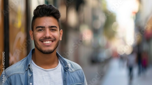 20+ man looking at the camera, city street in the background. Smiling face, facial expression. Human resources concept, fashion, career, joy, success. Young mexican man Portrait.