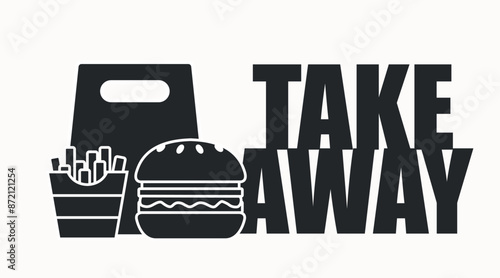 Vector Isolated Illustration of Burger and Fries and a take away bag. Black and White Burger and Fries take away icon