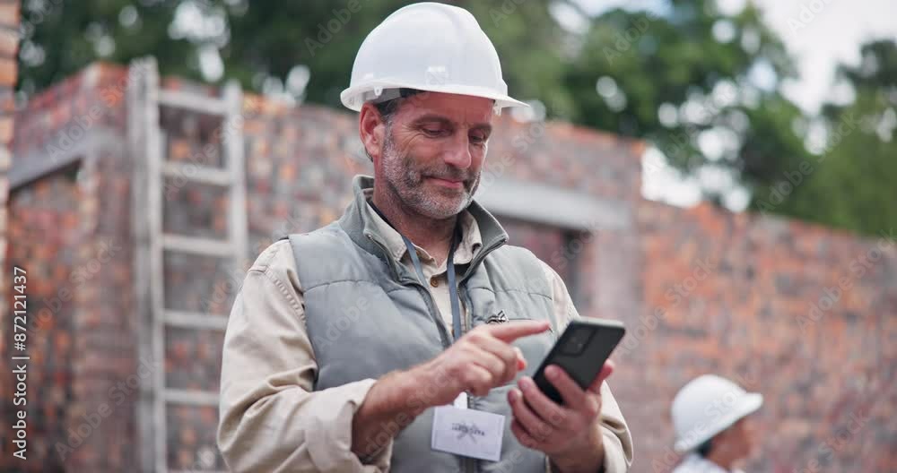 Man, architect and phone at construction site for smile, contact and approval from city board for expansion. Mature contractor, person and happy on smartphone, email and deal for urban development Man, architect and phone at construction site for smile, contact and approval from city board for expansion. Mature contractor, person and happy on smartphone, email and deal for urban development