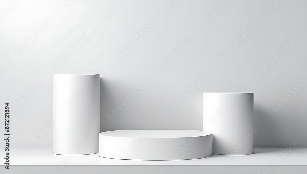 Realistic white cylindrical podium. Abstract minimal scene for product mockup, stage show, promotional display. Realistic white cylindrical podium. Abstract minimal scene for product mockup, stage show, promotional display.