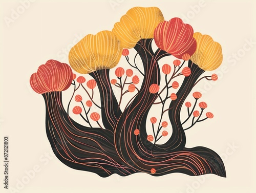 Threads forming bloom, earthy tones, flat design illustration