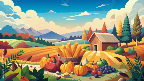 Autumn Harvest Scene with Rustic Barn and Seasonal Produce