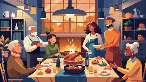 Cozy Family Dinner In A Rustic Home Kitchen With Fireplace