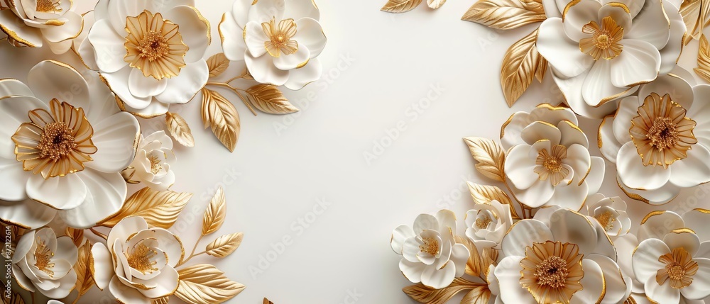 Obraz premium White and Gold Luxury Floral Background, add copyspace for text