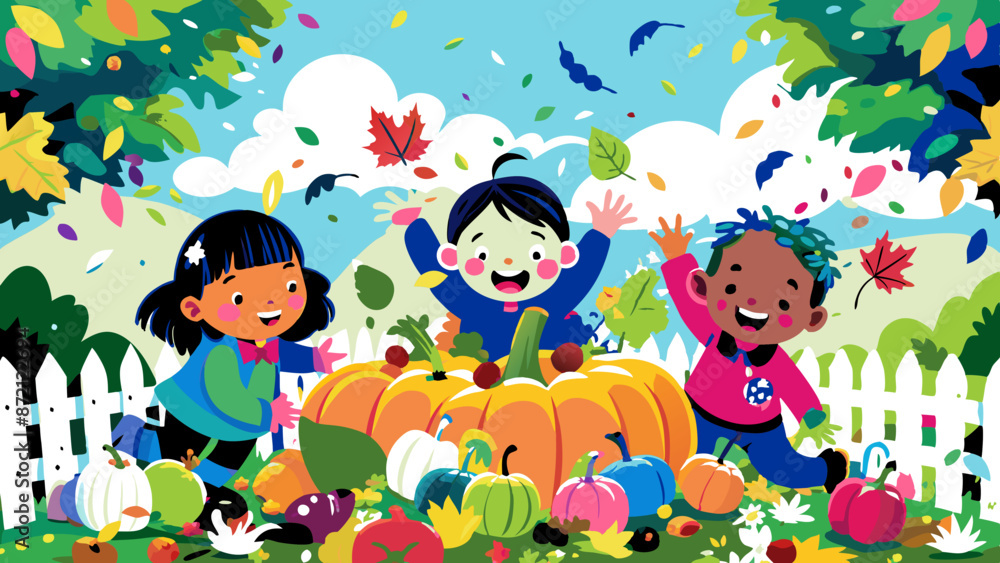 Naklejka premium Playful Children Celebrating Autumn Harvest with Pumpkins and Leaves