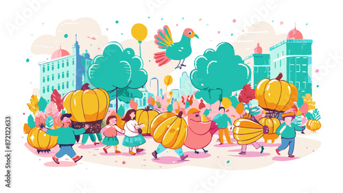 Colorful City Parade with Giant Pumpkins and Happy People Illustration