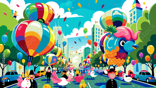 Vibrant Cartoon Cityscape with Colorful Balloons and Quirky Characters