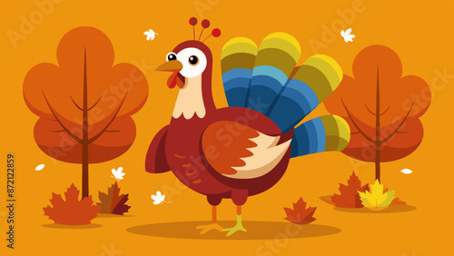 Autumn Splendor: Colorful Cartoon Turkey Among Fall Leaves