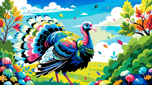 Colorful Illustrated Peacock in Vibrant Fantasy Forest Scene